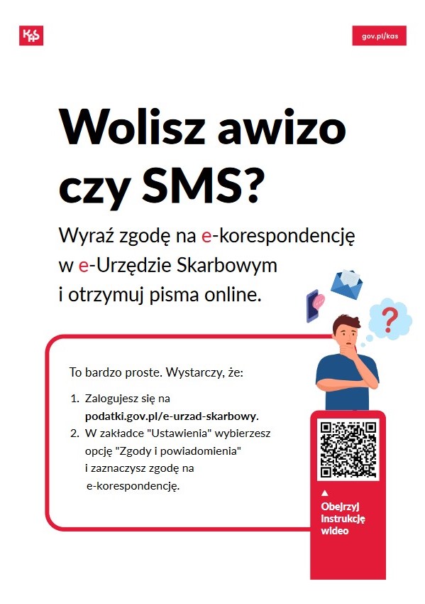 Ulotka informacyjna a na niej duży napis Wolisz awizo czy SMS? Poniżej grafika zastanawiającego się męższczyzny
